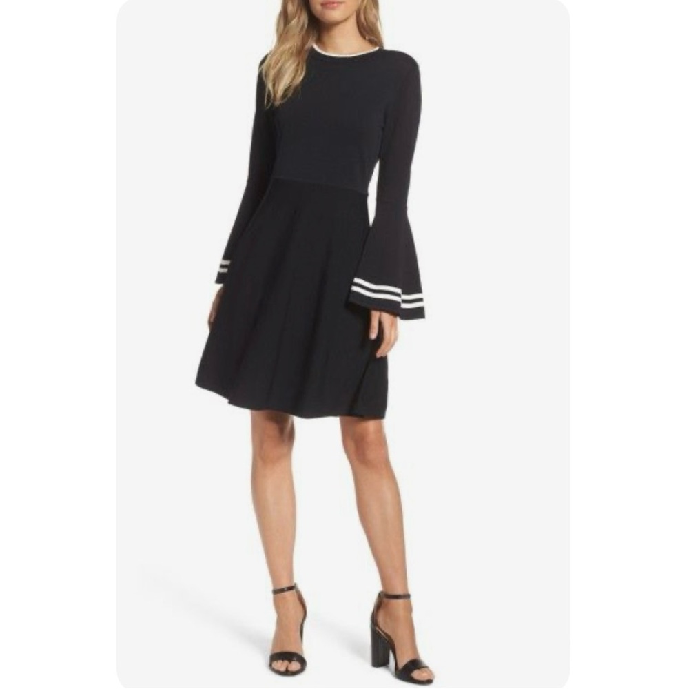 Eliza J Black Dress with White Striped Sleeves